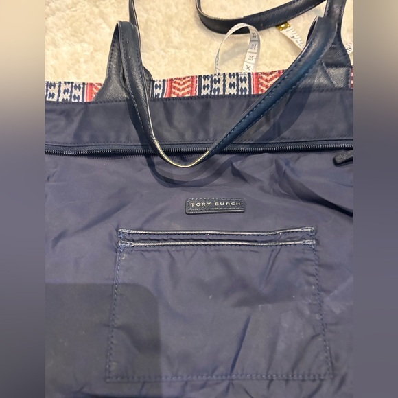 TORY BURCH “Ella” Blue/ Red Vertical Print Packable Nylon Tote - Picture 6 of 10